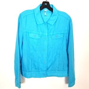 Lulu-B Linen Travel Jacket Women Button Up Sz M Clear Turquoise Lightweight